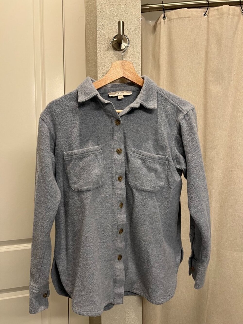 LOFT Cozy Fleece Button-Up Shirt Jacket Blue Gray